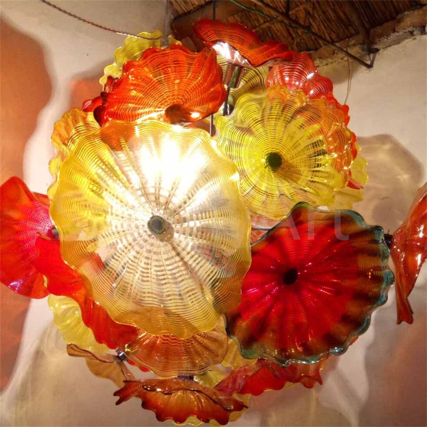 Colorful mouth blown glass lotus leaves chandelier villa decoration