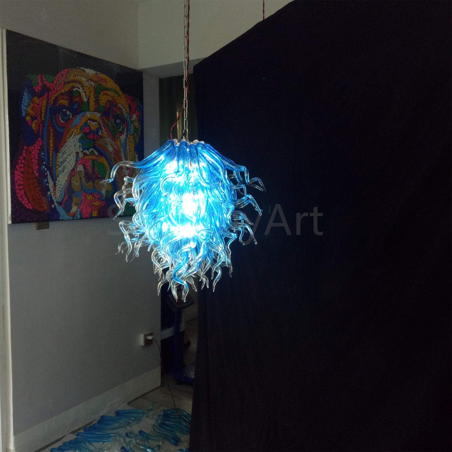 Blue mouth blown glass DIY hand made chandelier home decoration