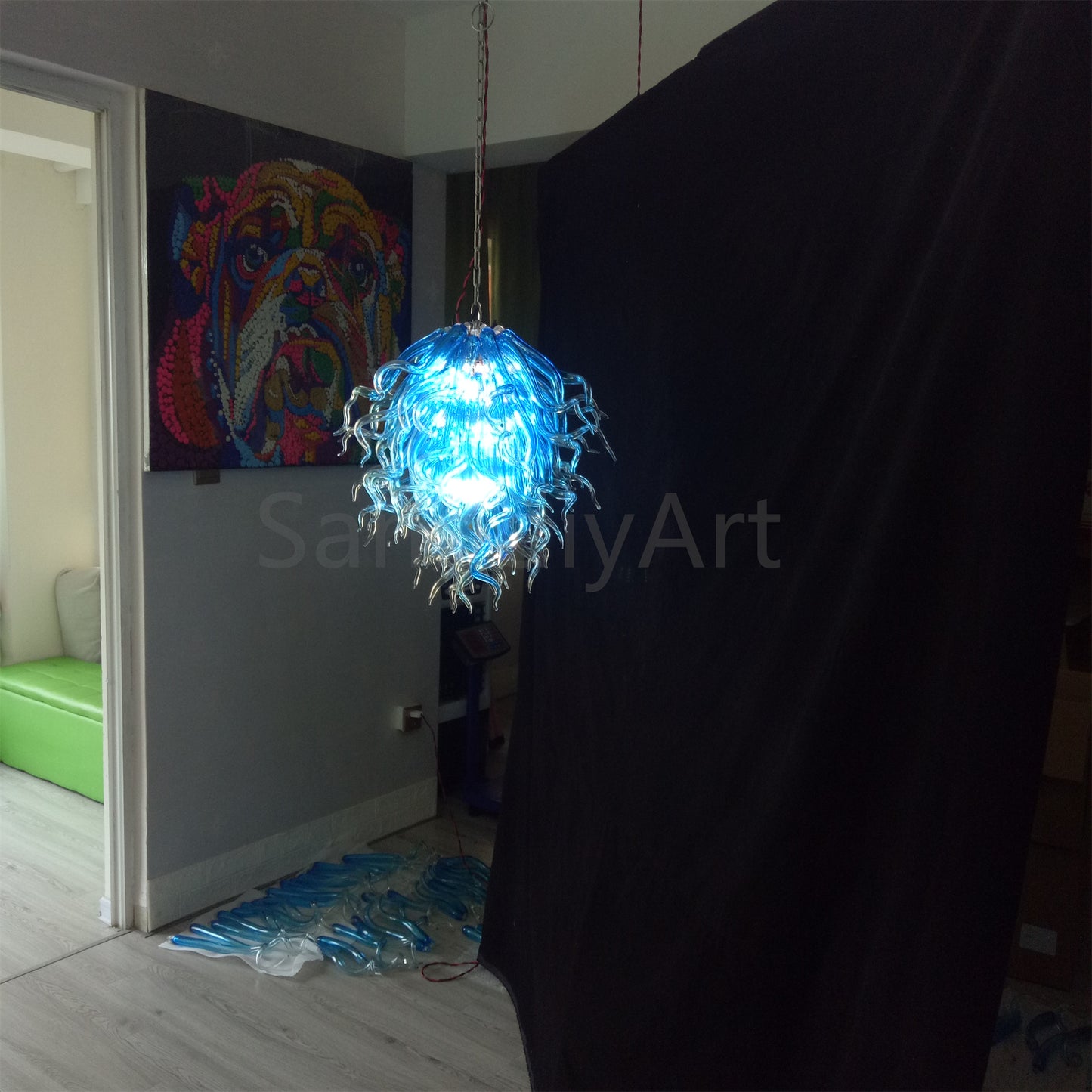 Blue mouth blown glass DIY hand made chandelier home decoration