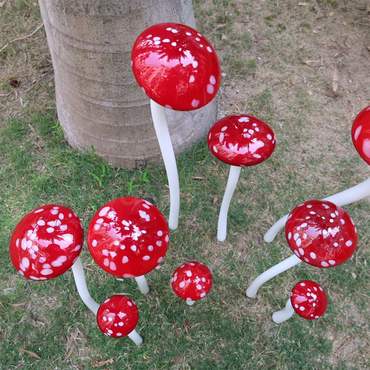 Hand made blown glass red mushroom sculpture outdoor decoration like Chihuly garden glass design