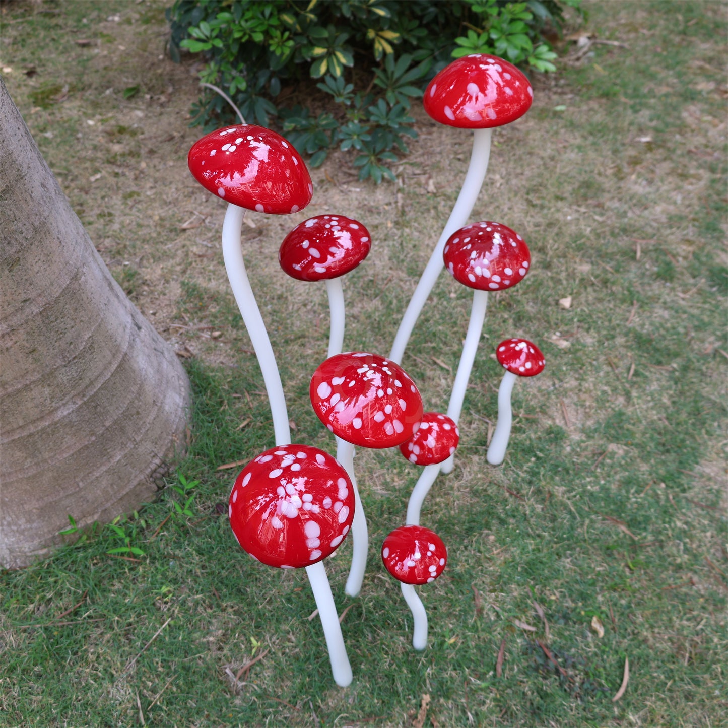 Hand made blown glass red mushroom sculpture outdoor decoration like Chihuly garden glass design