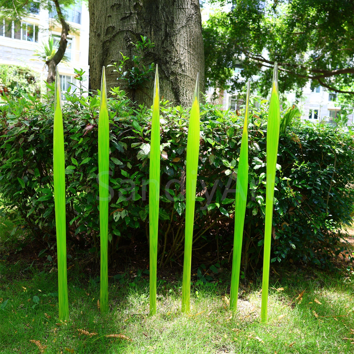 Bright green hand made blown glass sticks decoration similar chihuly garden glass decoration