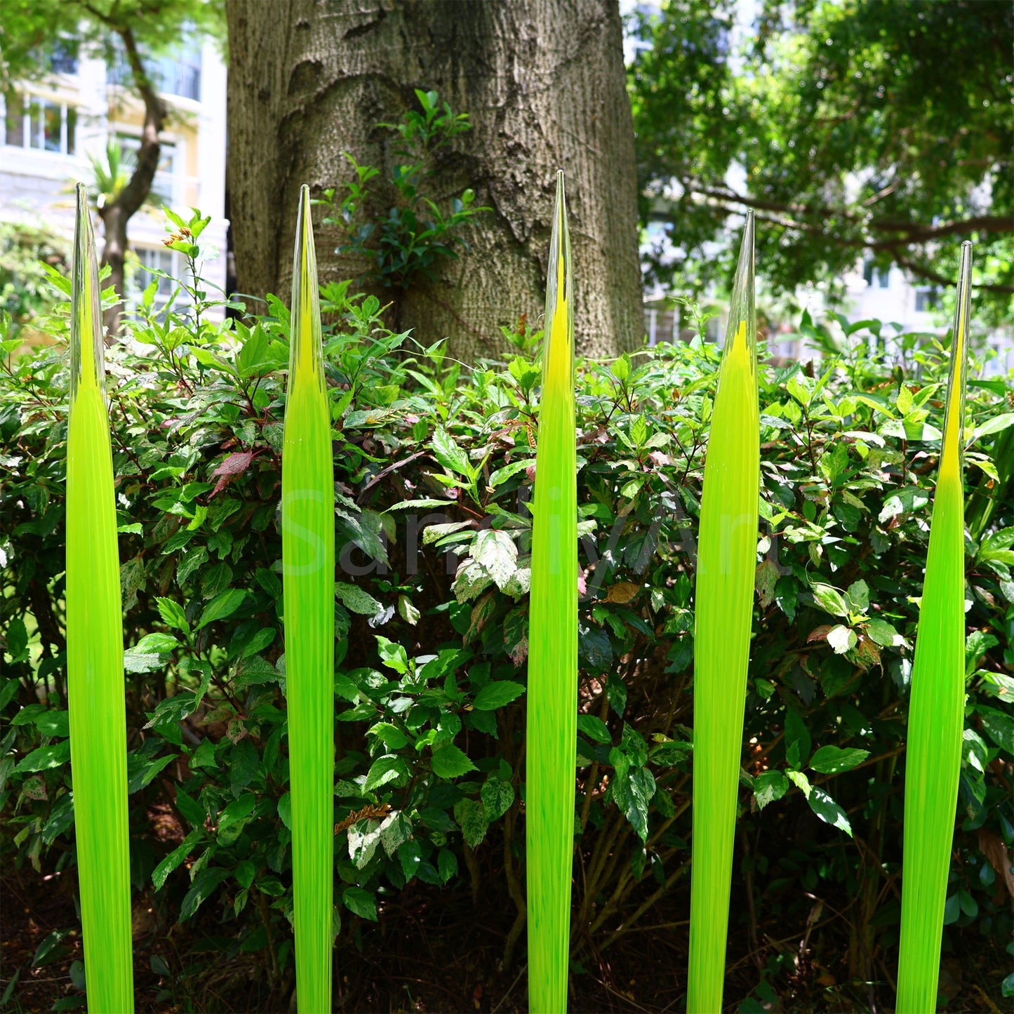 Bright green hand made blown glass sticks decoration similar chihuly garden glass decoration