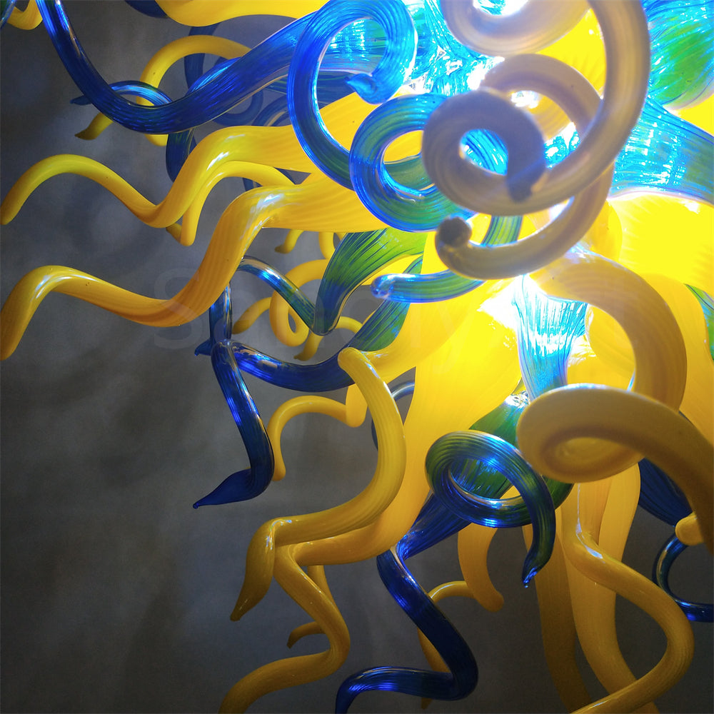 Blue and yellow blown glass for dining room decoration