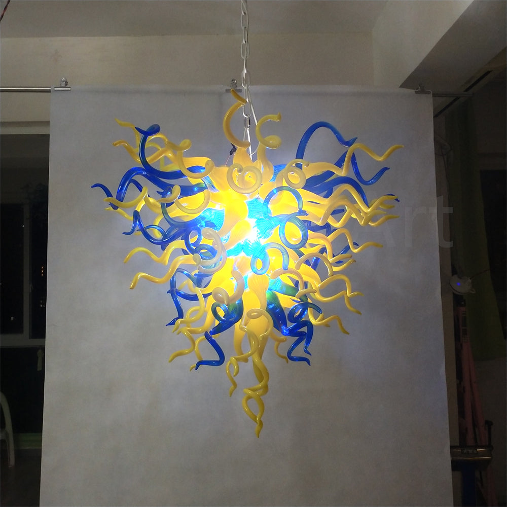 Blue and yellow blown glass for dining room decoration