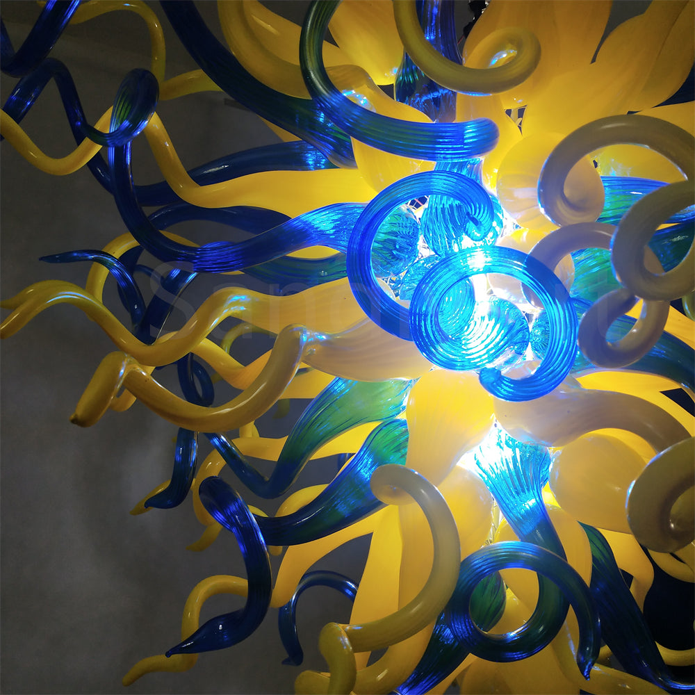 Blue and yellow blown glass for dining room decoration
