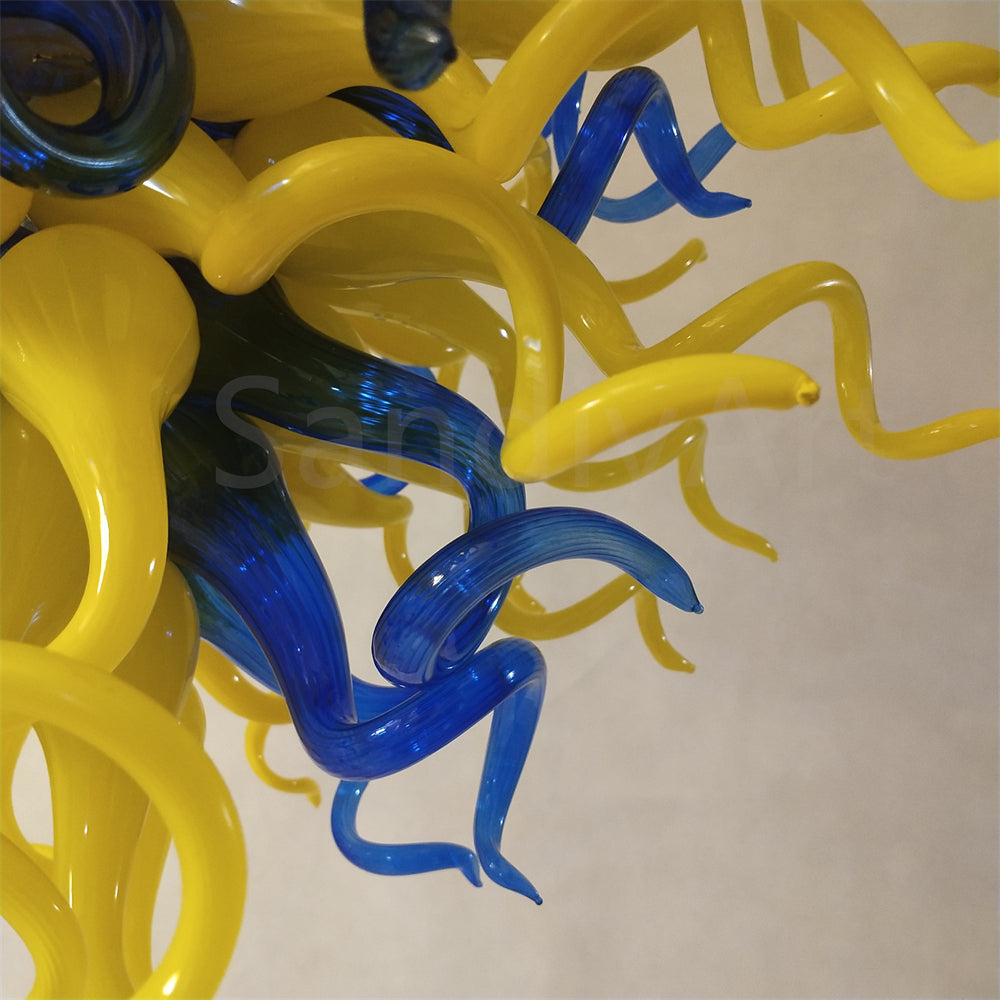 Blue and yellow blown glass for dining room decoration
