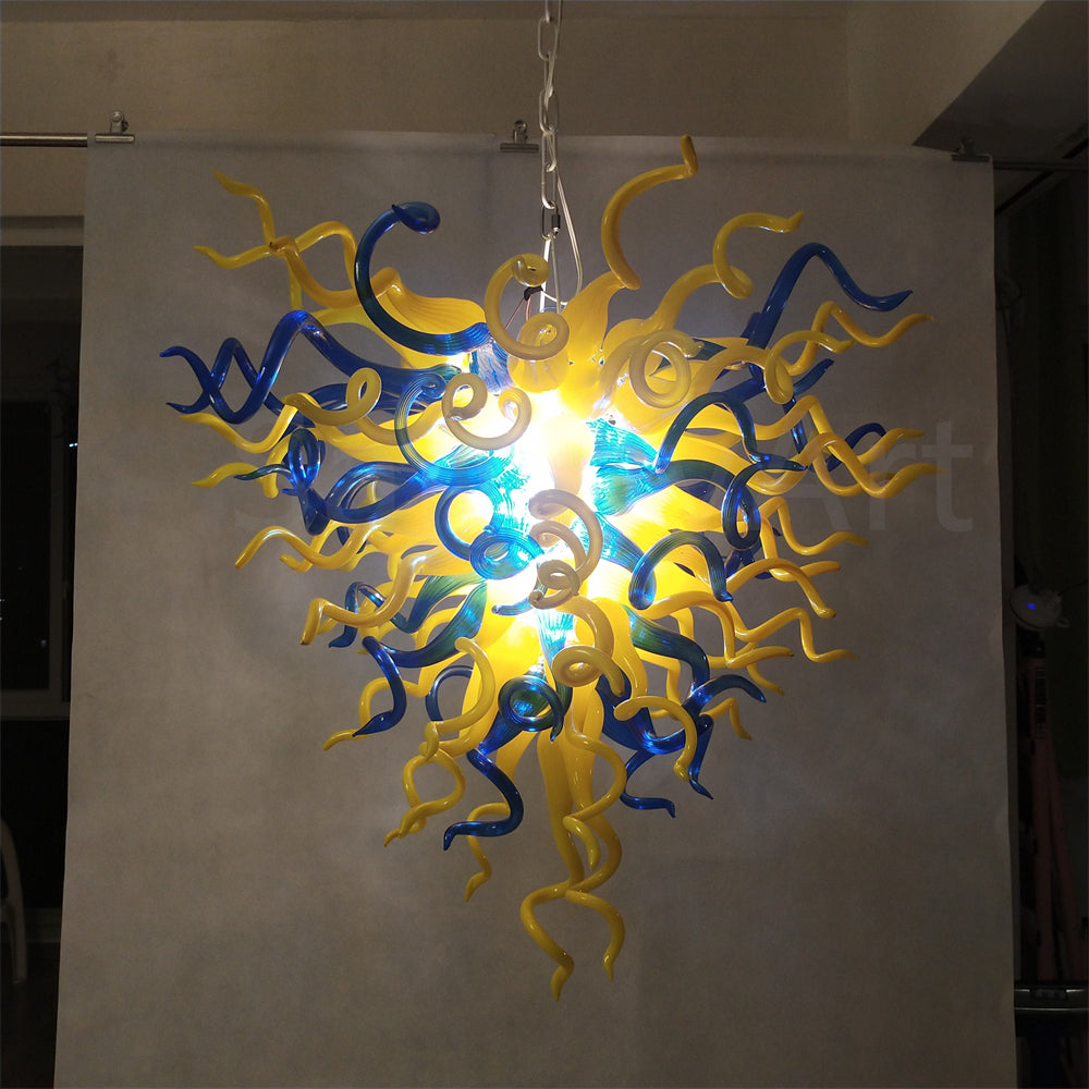 Blue and yellow blown glass for dining room decoration