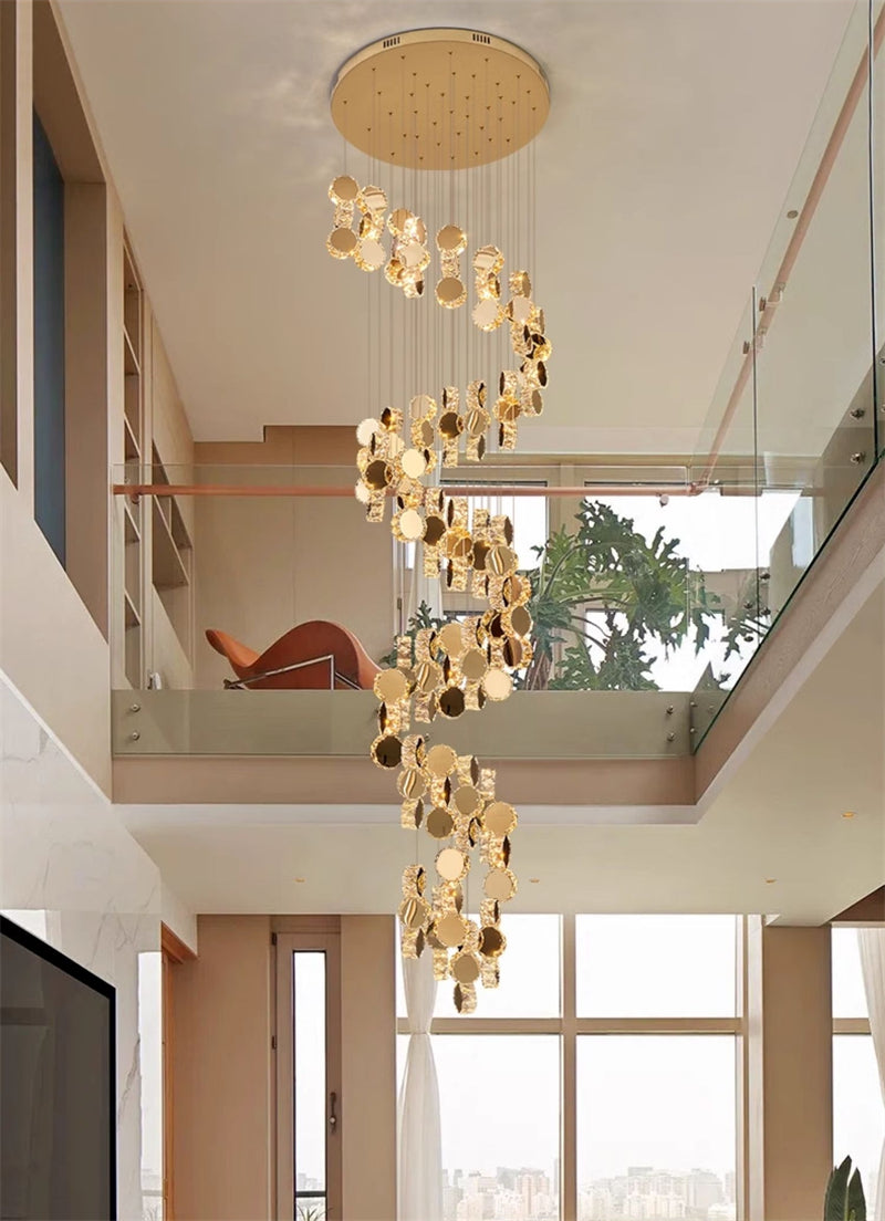 Spiral staircase crystal chandelier luxury modern style