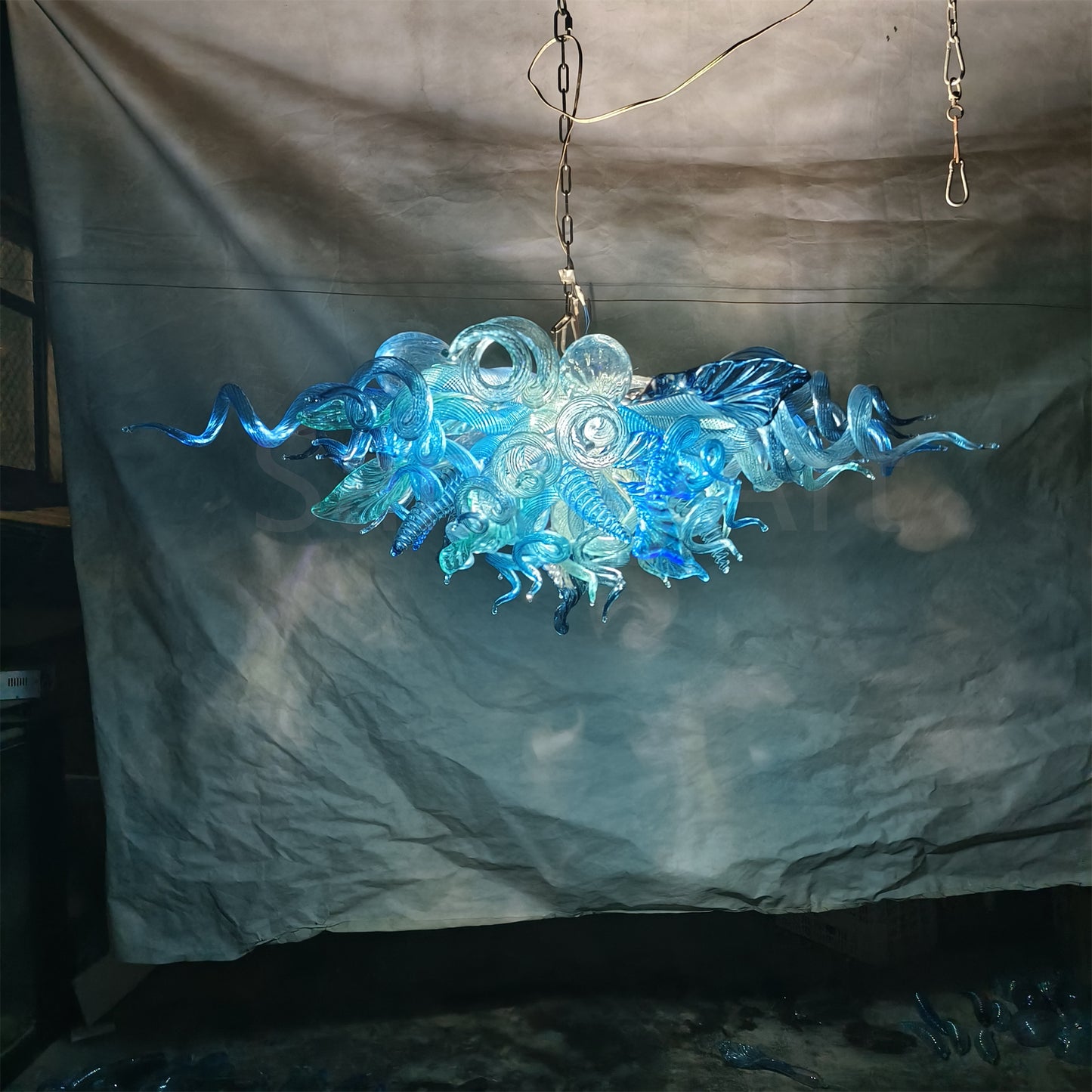 Ocean blue blown glass chandelier custom color and shape