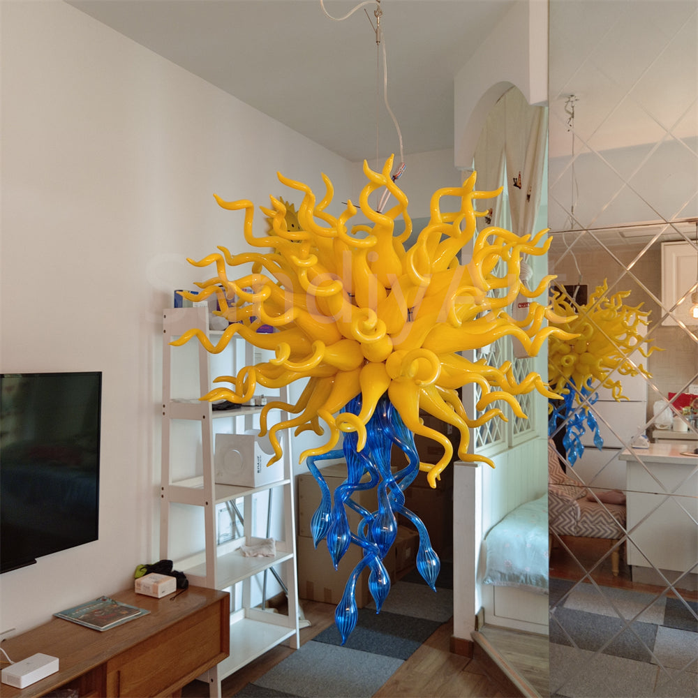 Top yellow and bottom blue color design mouthblown glass chandelier special design