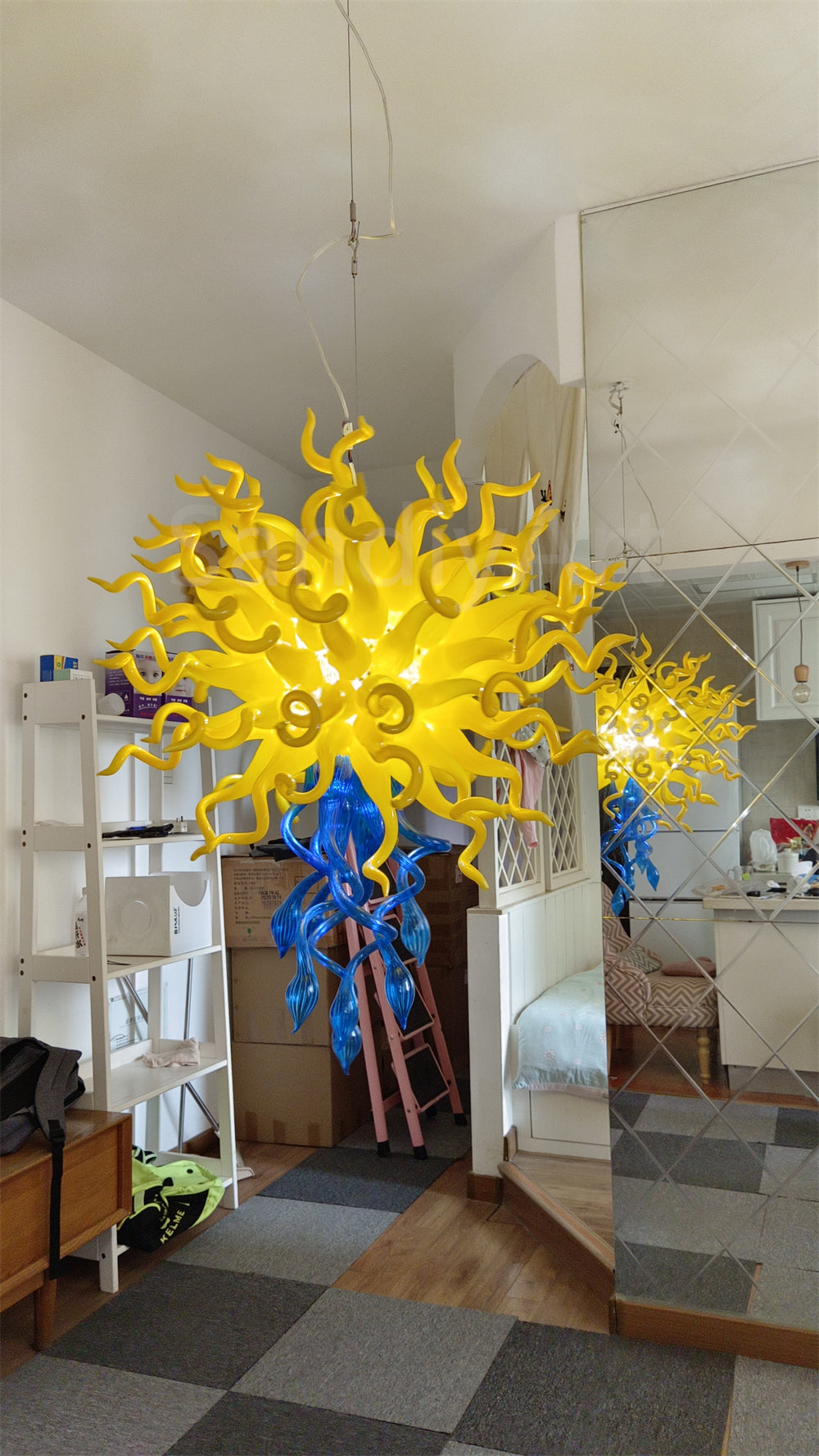 Top yellow and bottom blue color design mouthblown glass chandelier special design