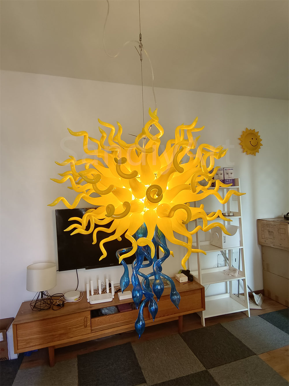 Top yellow and bottom blue color design mouthblown glass chandelier special design