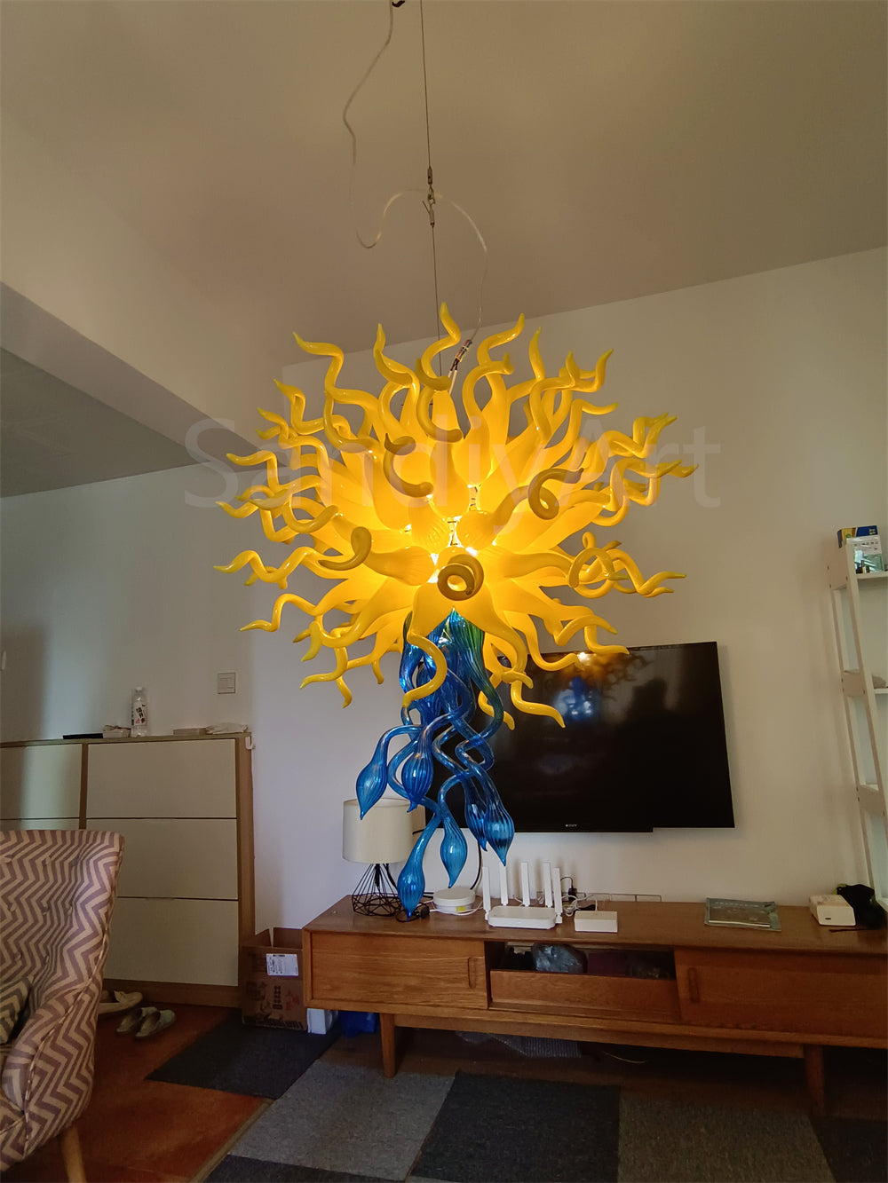 Top yellow and bottom blue color design mouthblown glass chandelier special design