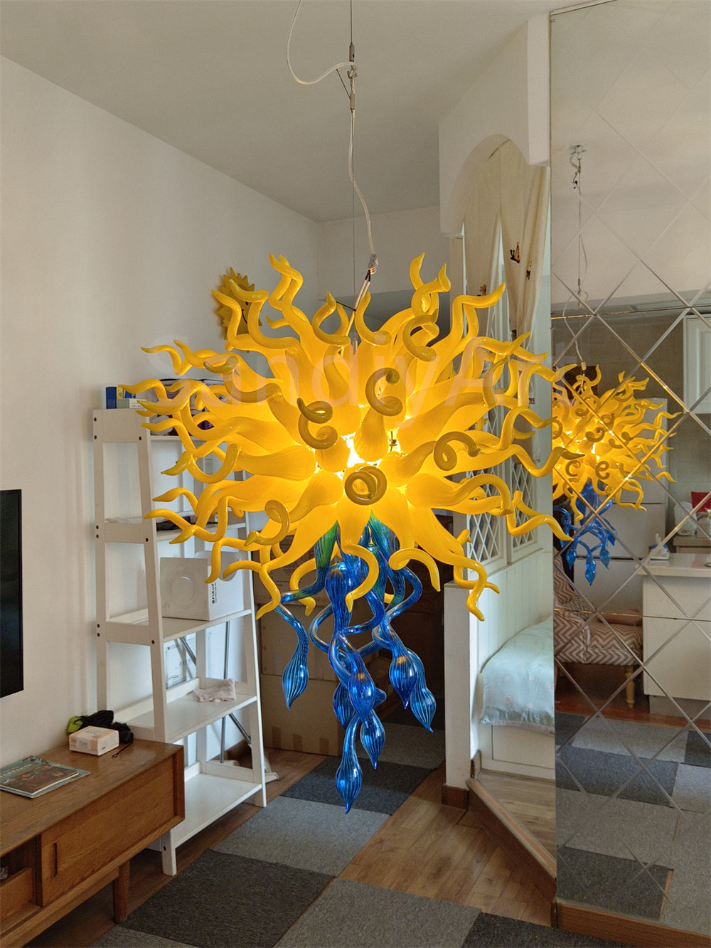 Top yellow and bottom blue color design mouthblown glass chandelier special design