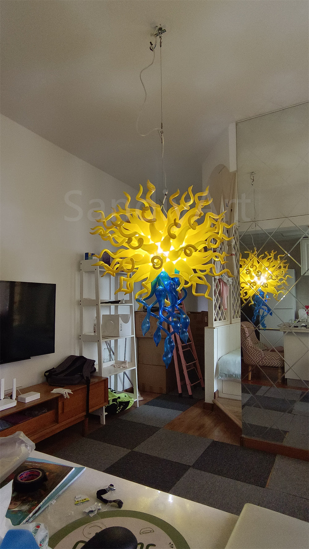 Top yellow and bottom blue color design mouthblown glass chandelier special design