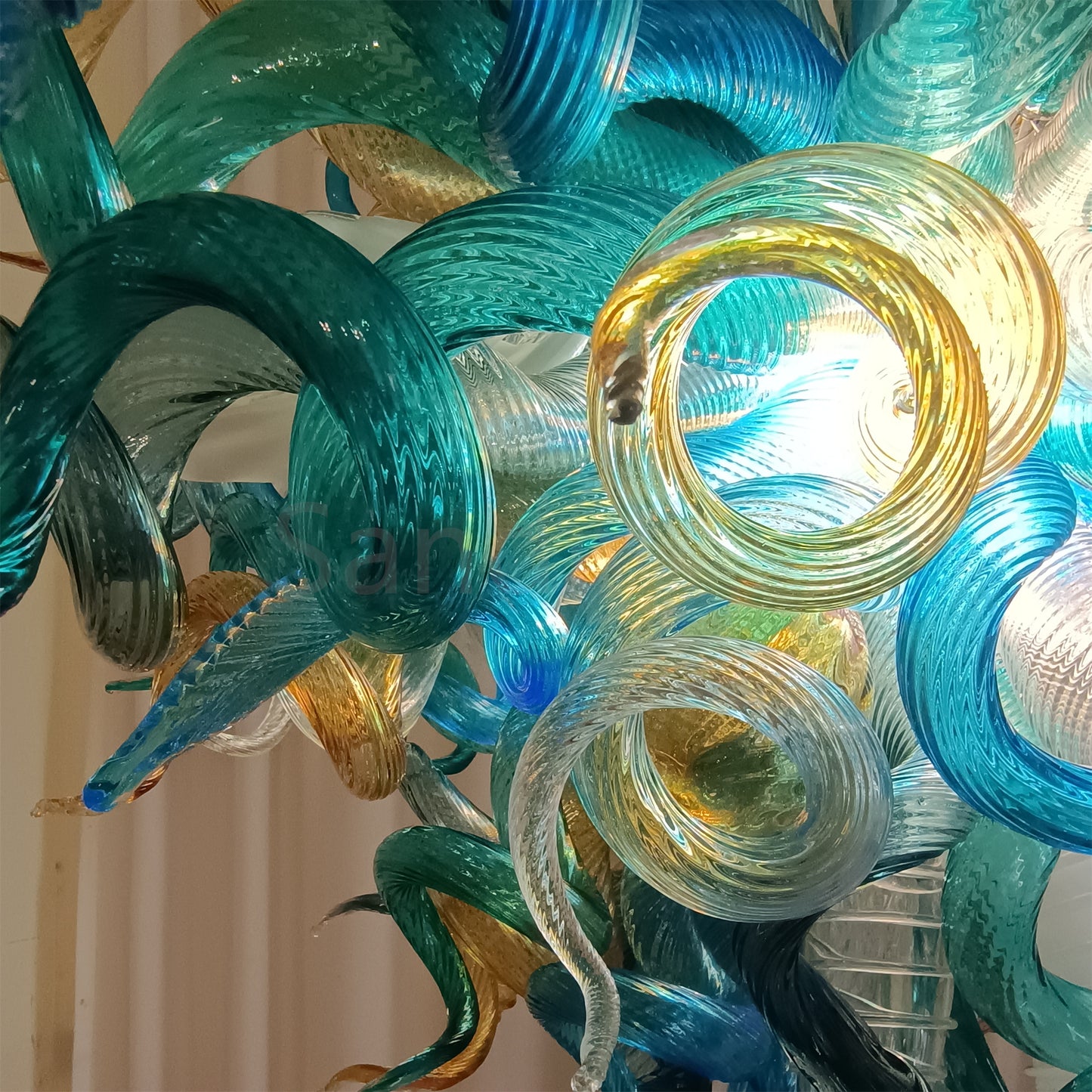 Chihuly style hand made blown glass mixed blue color chandelier ligthing art