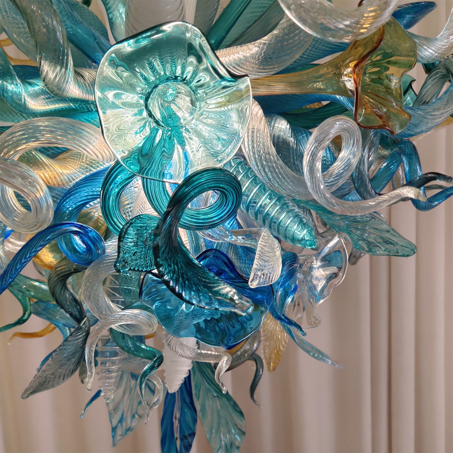 Chihuly style hand made blown glass mixed blue color chandelier ligthing art