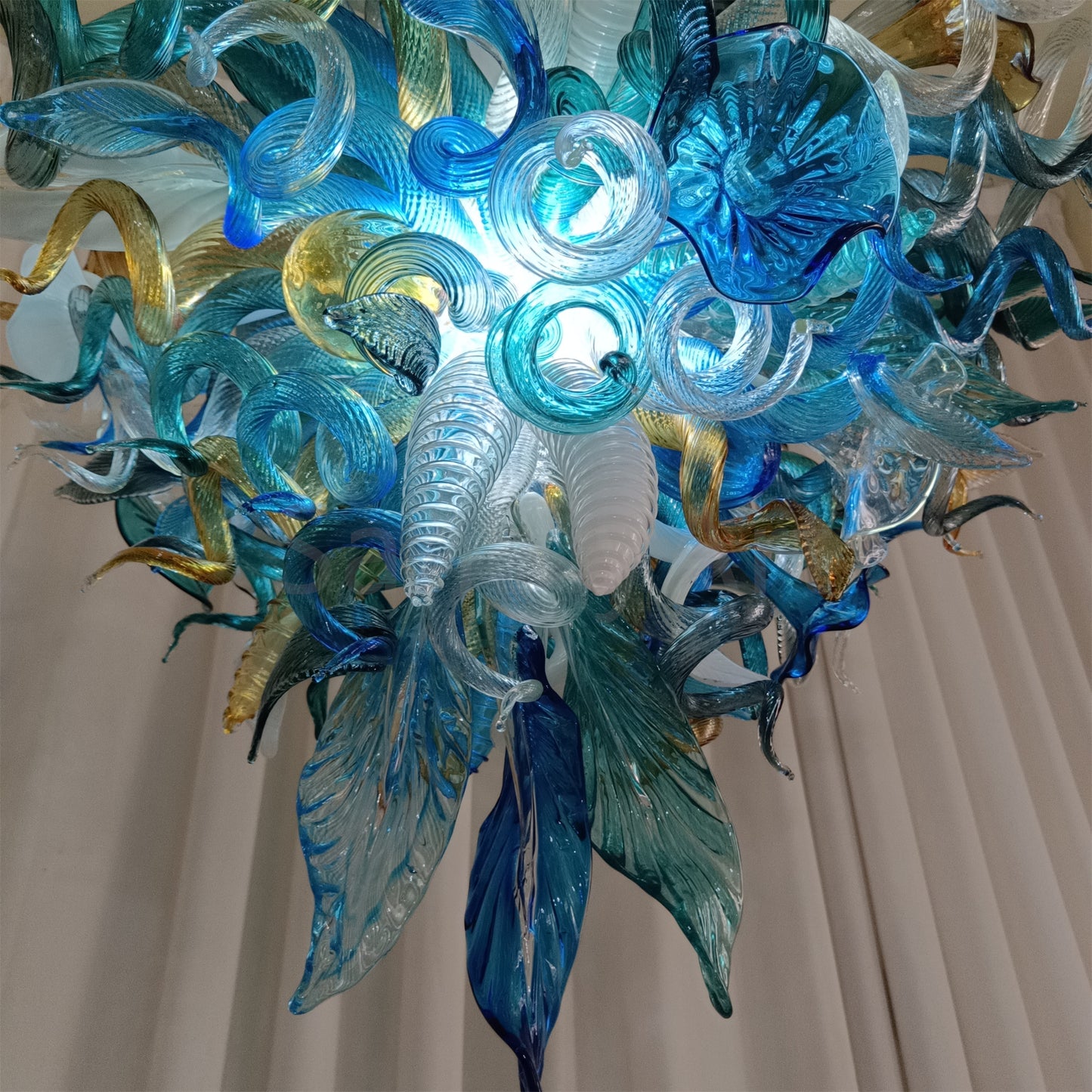Chihuly style hand made blown glass mixed blue color chandelier ligthing art
