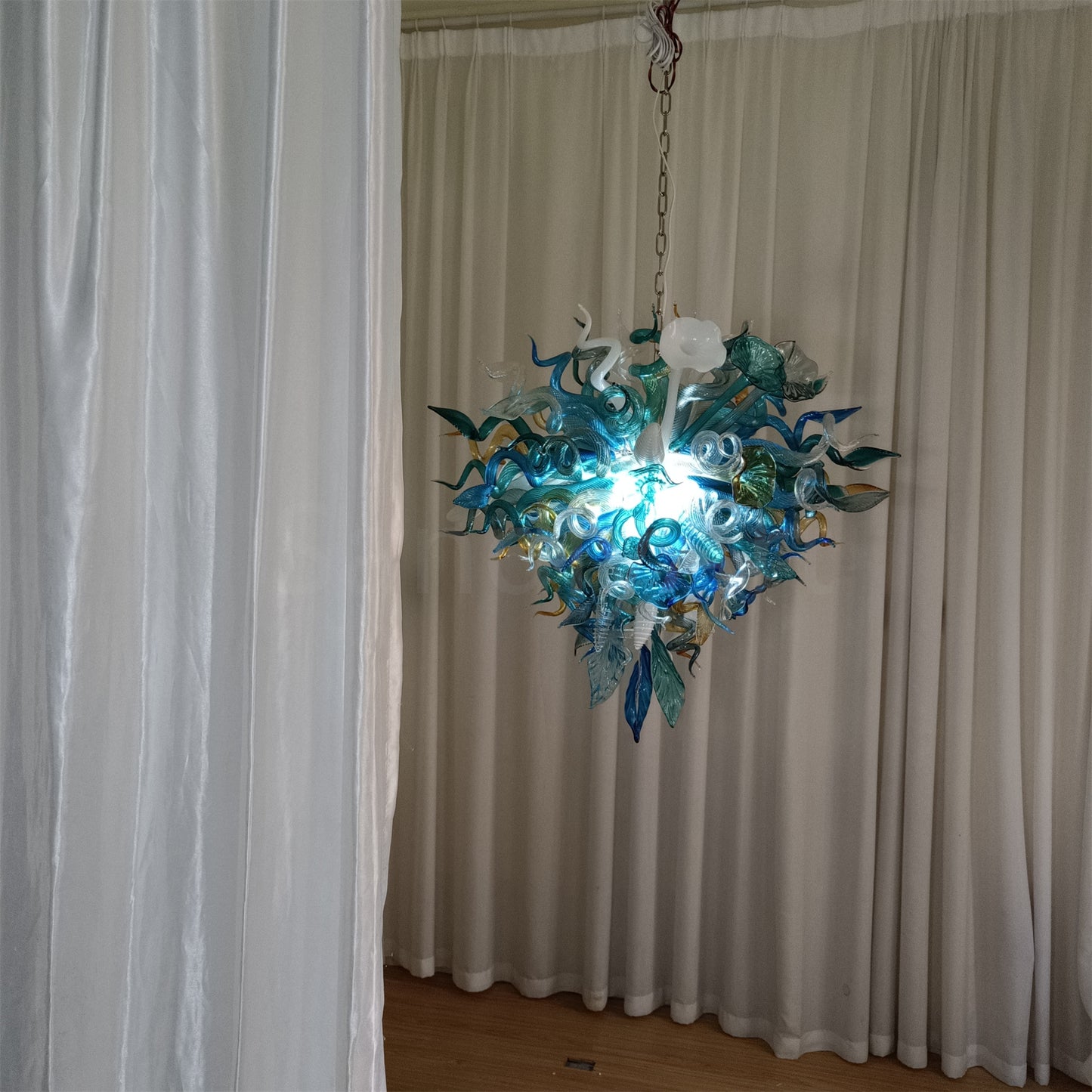 Chihuly style hand made blown glass mixed blue color chandelier ligthing art