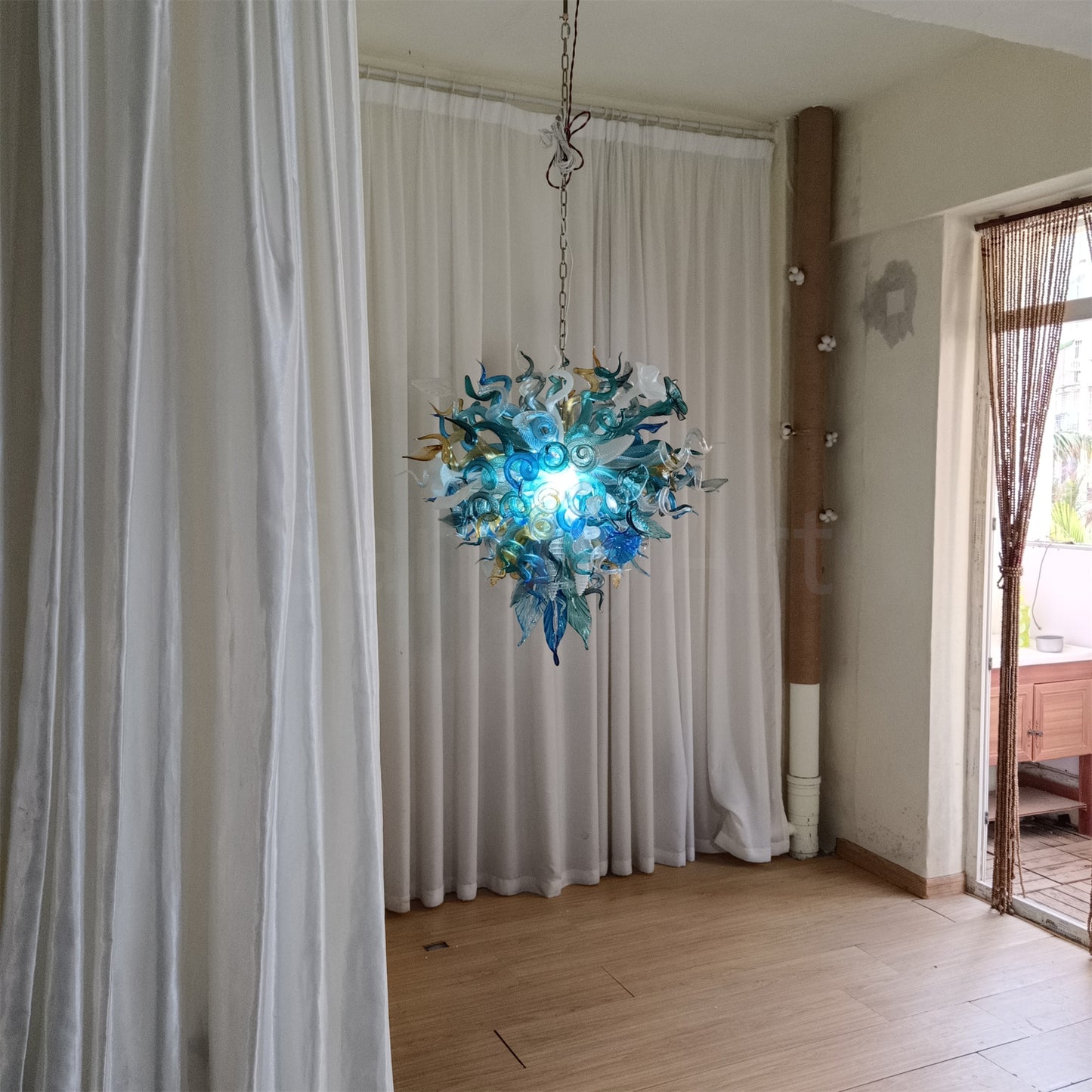 Chihuly style hand made blown glass mixed blue color chandelier ligthing art
