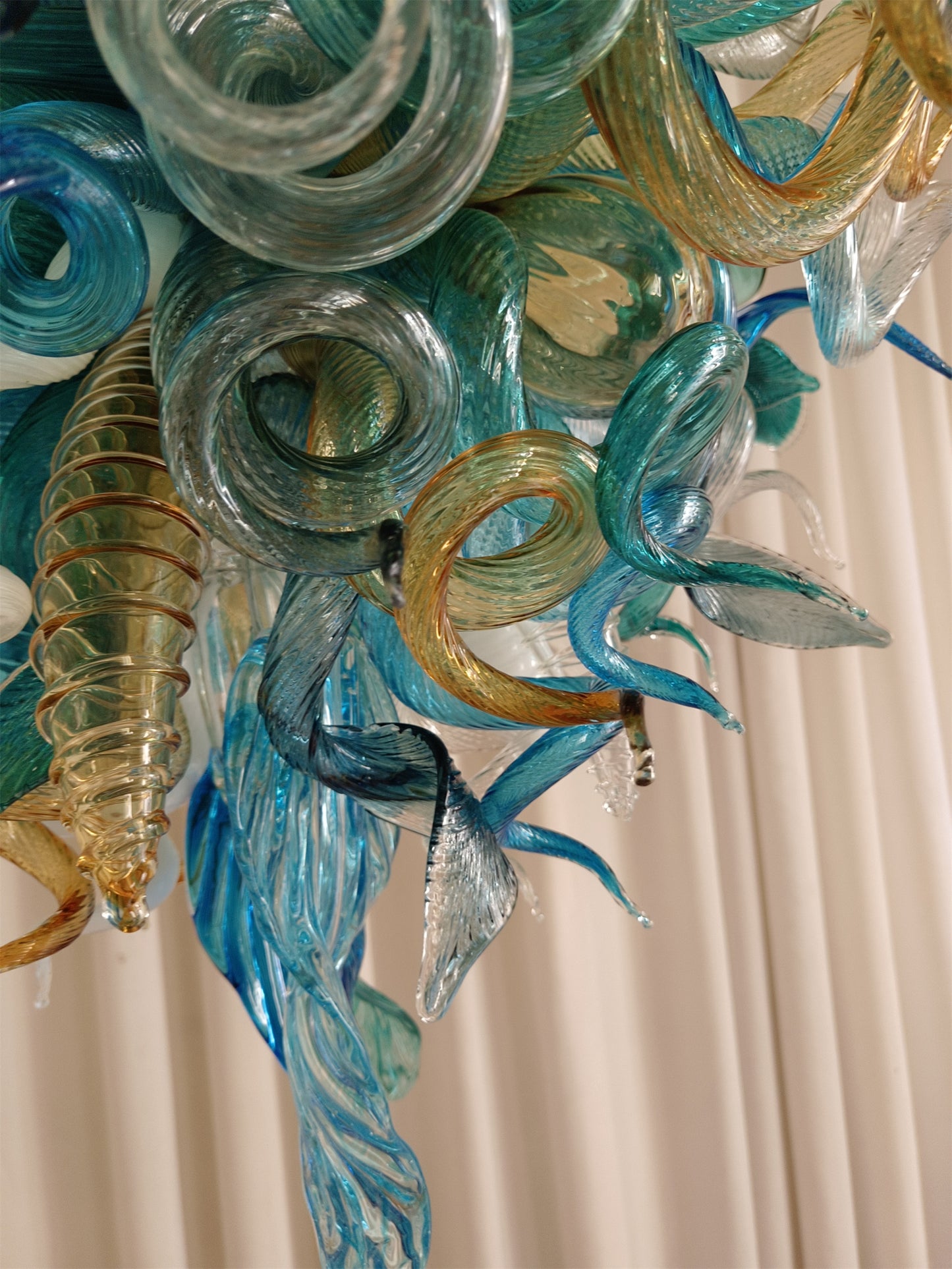 Chihuly style hand made blown glass mixed blue color chandelier ligthing art