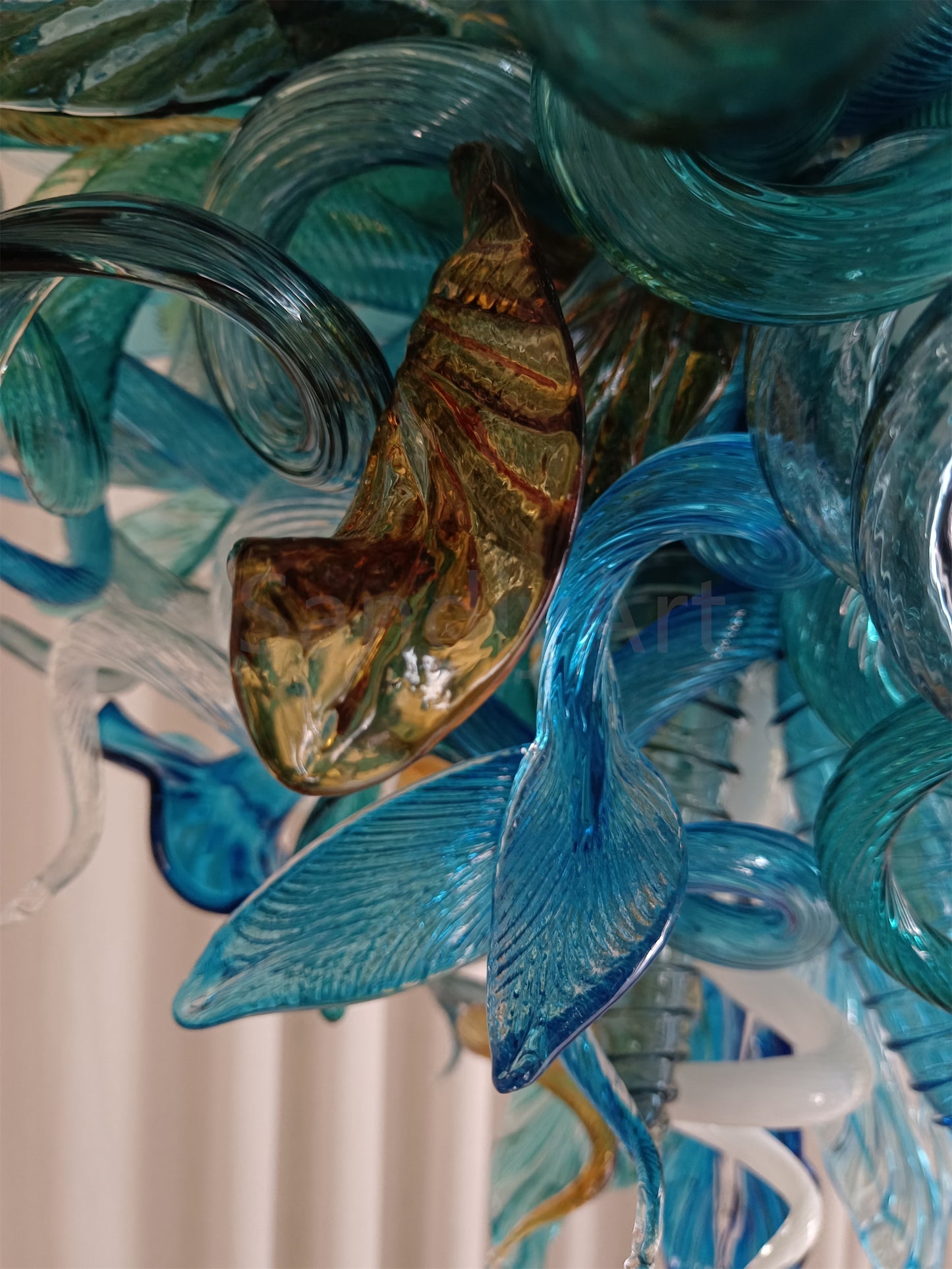 Chihuly style hand made blown glass mixed blue color chandelier ligthing art