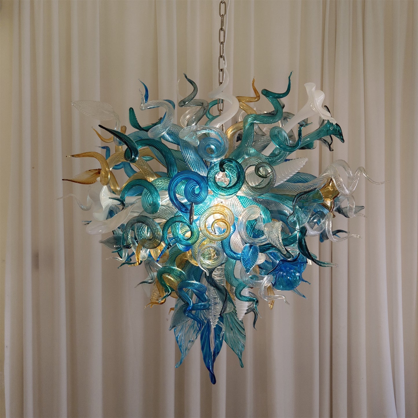 Chihuly style hand made blown glass mixed blue color chandelier ligthing art