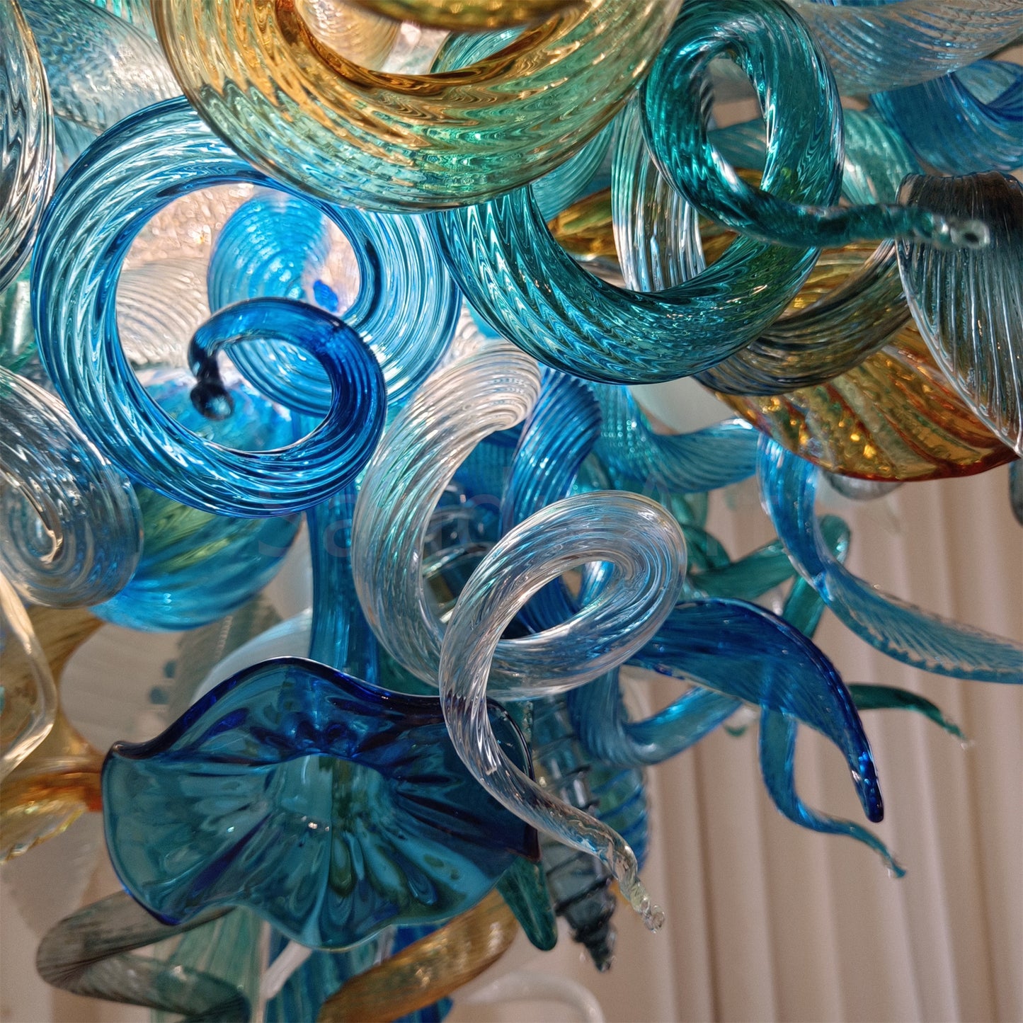 Chihuly style hand made blown glass mixed blue color chandelier ligthing art