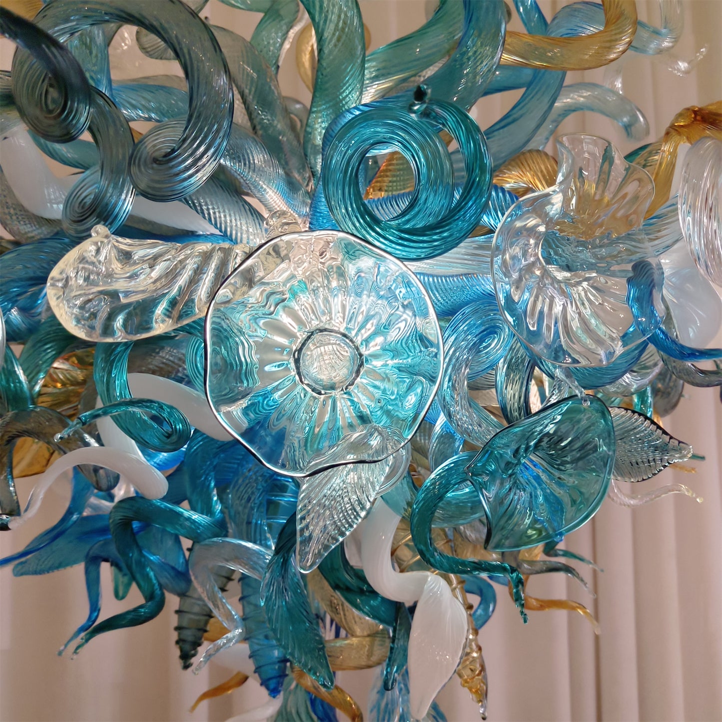 Chihuly style hand made blown glass mixed blue color chandelier ligthing art
