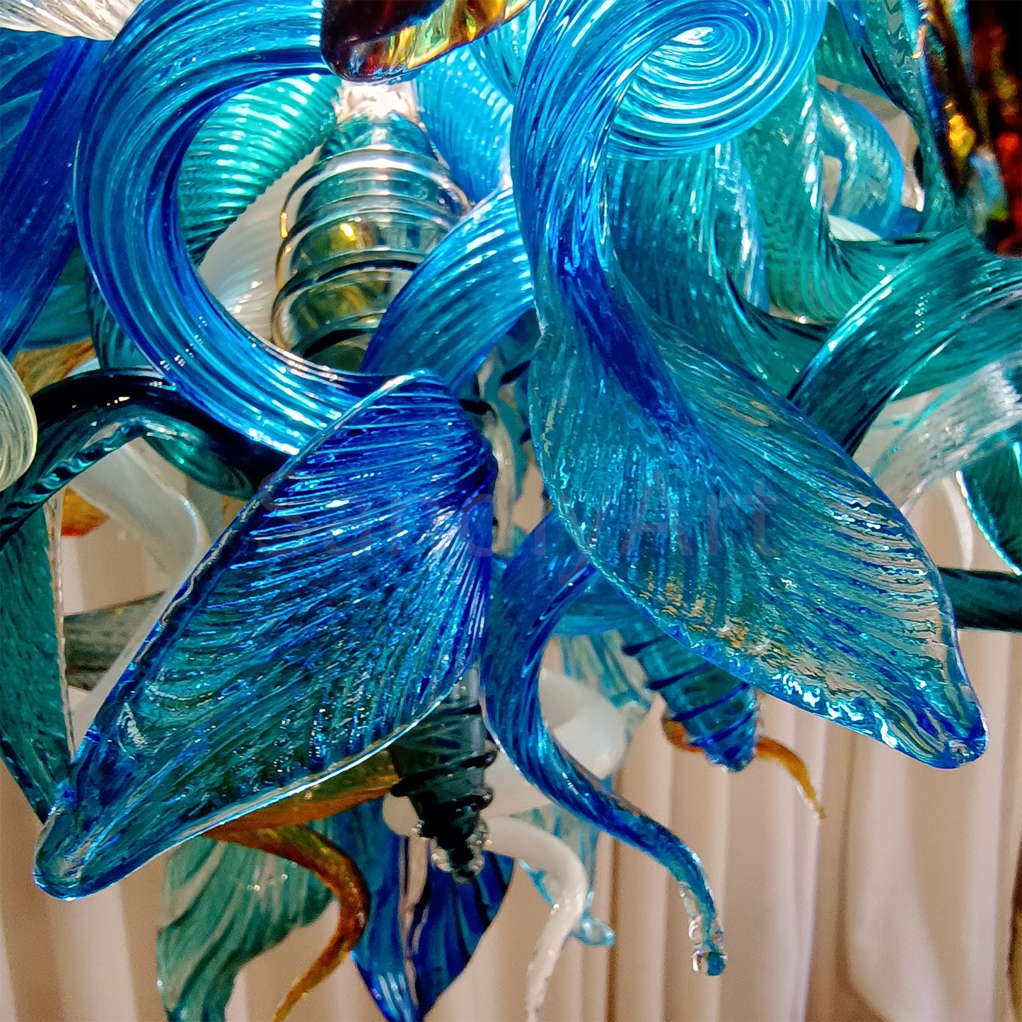 Chihuly style hand made blown glass mixed blue color chandelier ligthing art