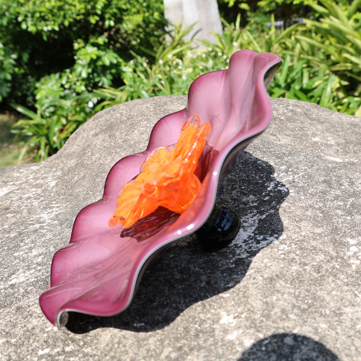 Hand made purple glass flowers wall decoration Where to buy similar Chihuly glass in Seattle