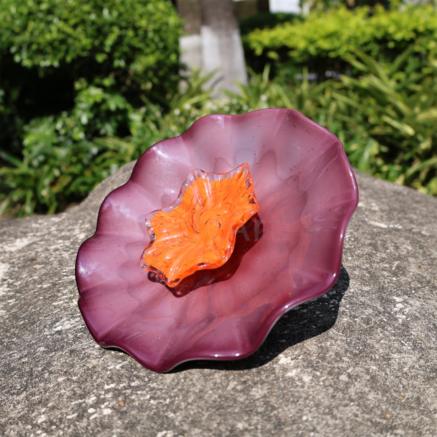 Hand made purple glass flowers wall decoration Where to buy similar Chihuly glass in Seattle