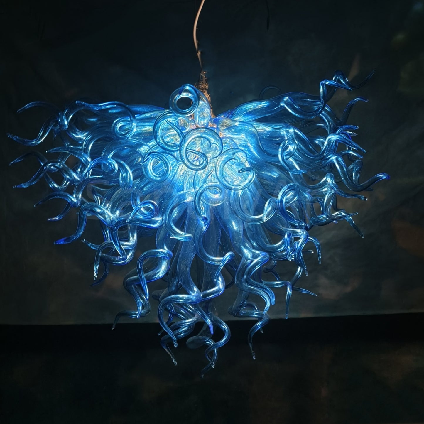 Contemporary blue mouth blown glass chandelier Mysterious atmosphere