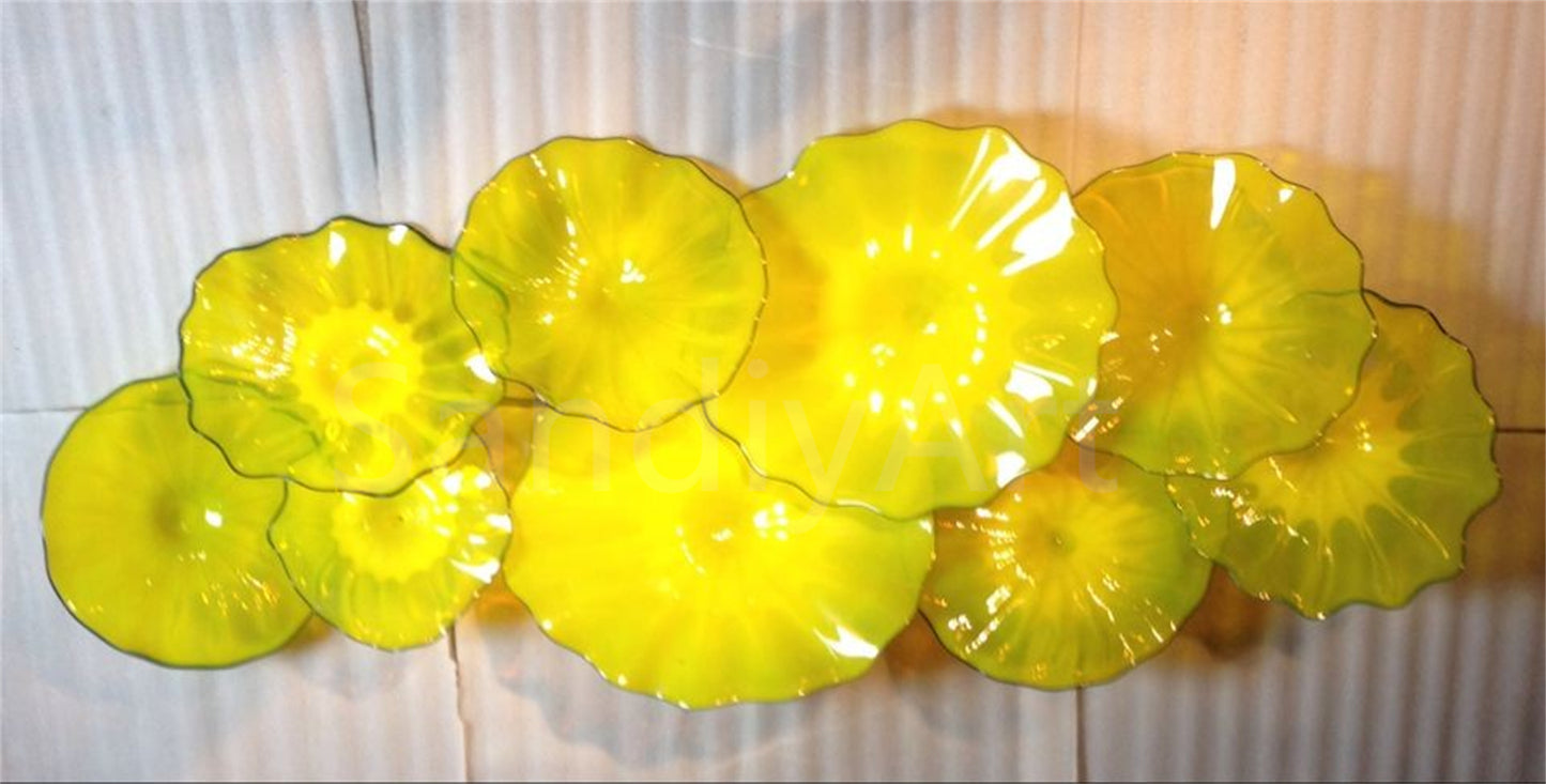 12pcs hand made Yellow blowm murano glass platters with spiral tendrils chihuly style art wall decoration glass