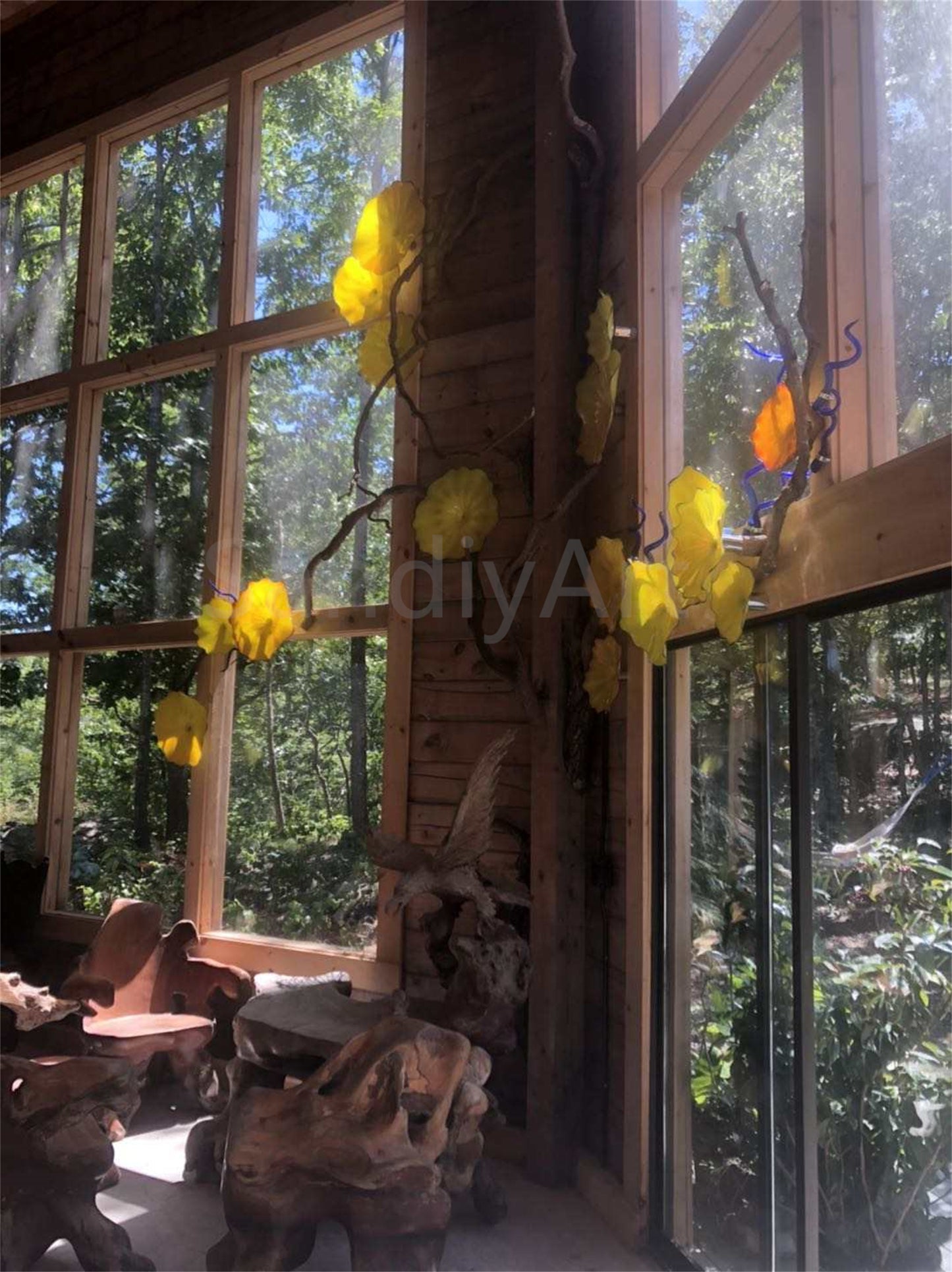 12pcs hand made Yellow blowm murano glass platters with spiral tendrils chihuly style art wall decoration glass