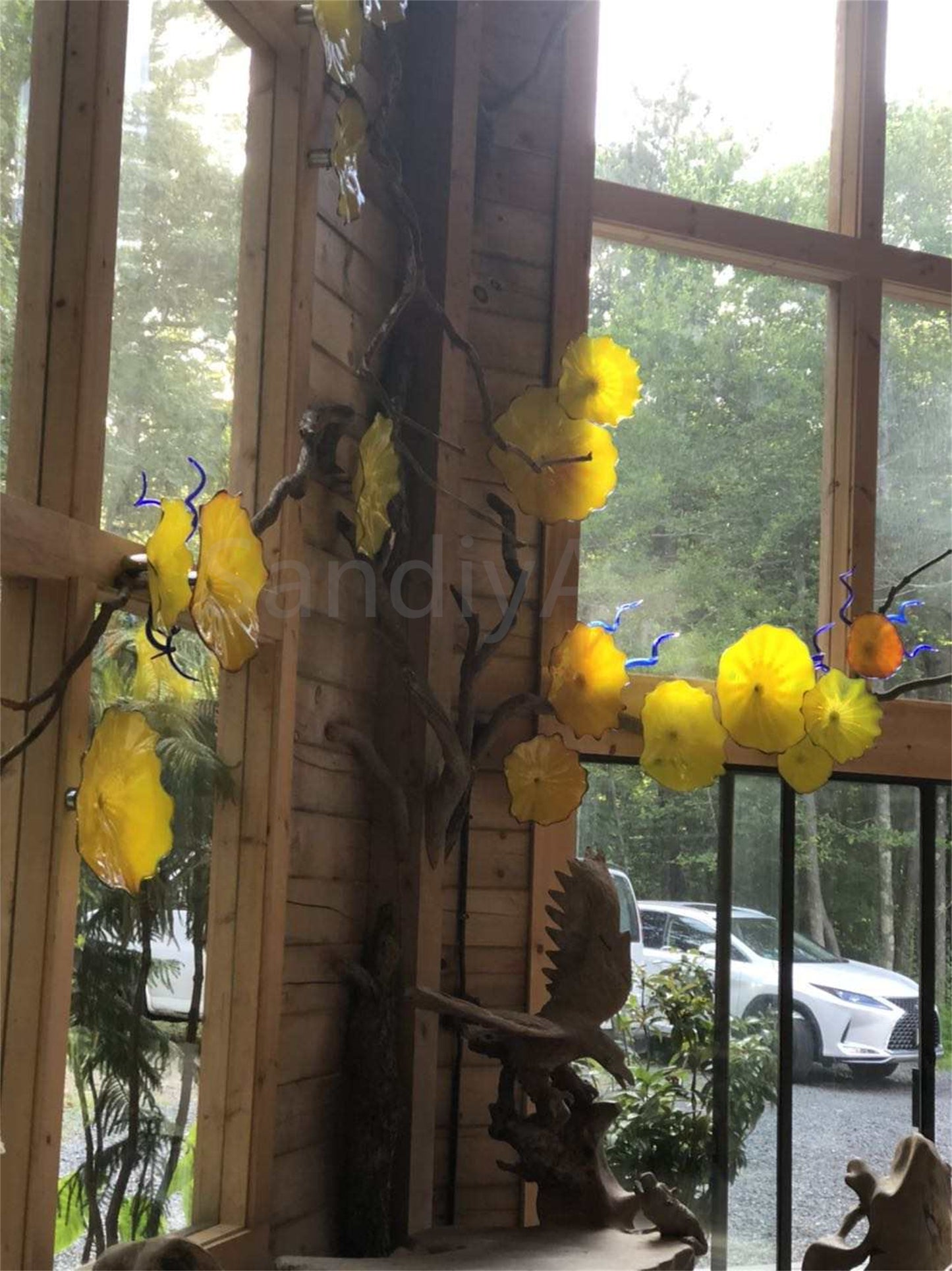 12pcs hand made Yellow blowm murano glass platters with spiral tendrils chihuly style art wall decoration glass