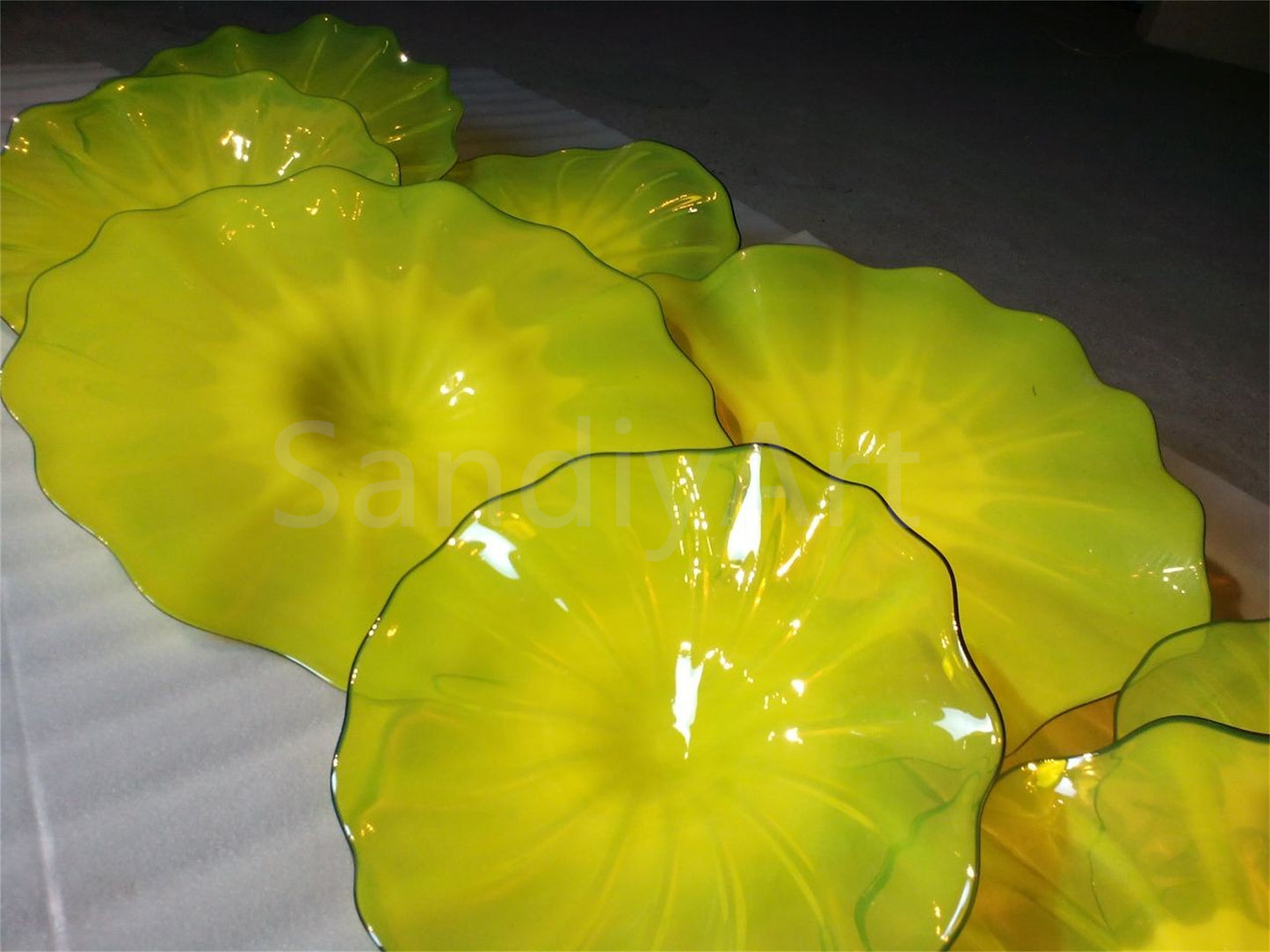 12pcs hand made Yellow blowm murano glass platters with spiral tendrils chihuly style art wall decoration glass