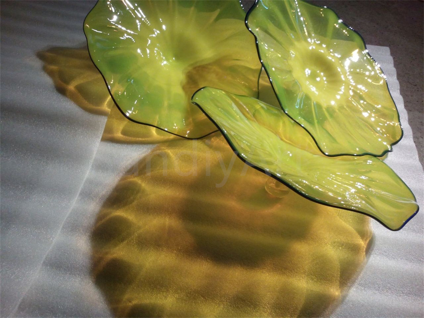 12pcs hand made Yellow blowm murano glass platters with spiral tendrils chihuly style art wall decoration glass