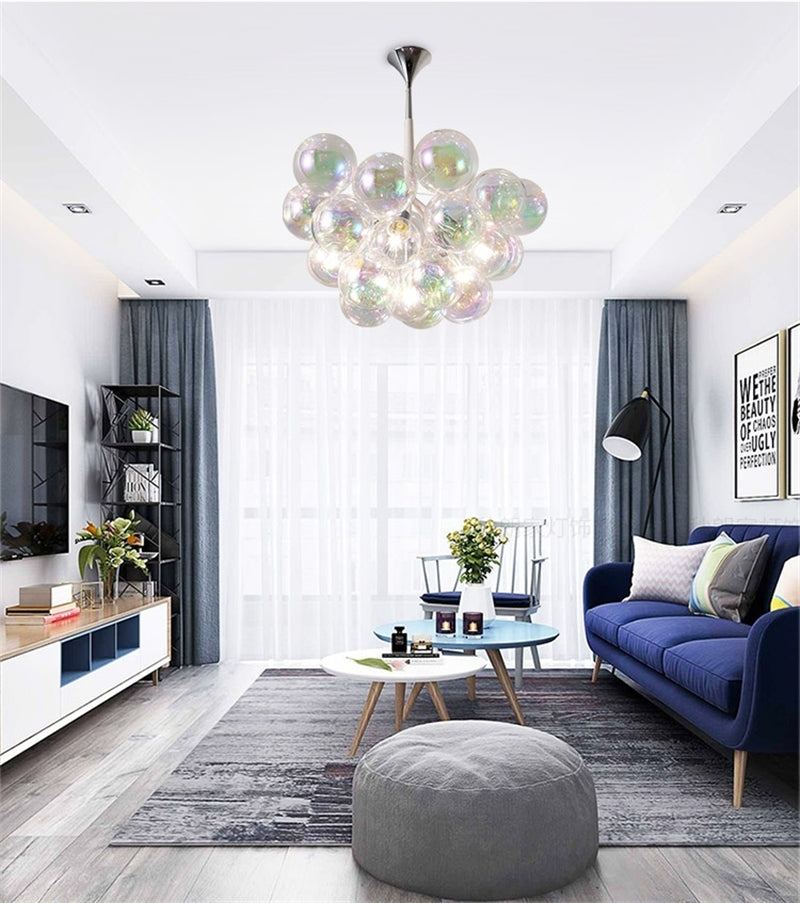 Hand made blown glass clear iridescent bubbles chandelier