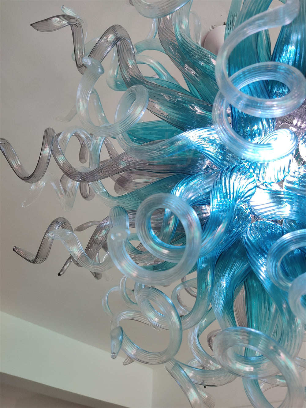 Amazing Blue gradient clear mixed grey color blown glass chandelier custom for sale