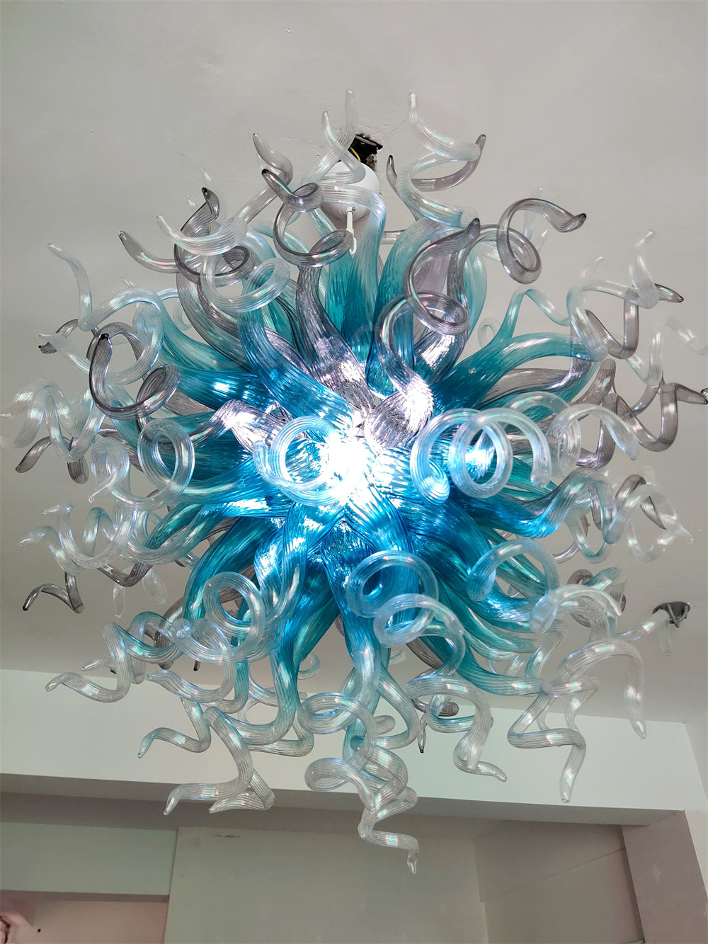 Amazing Blue gradient clear mixed grey color blown glass chandelier custom for sale