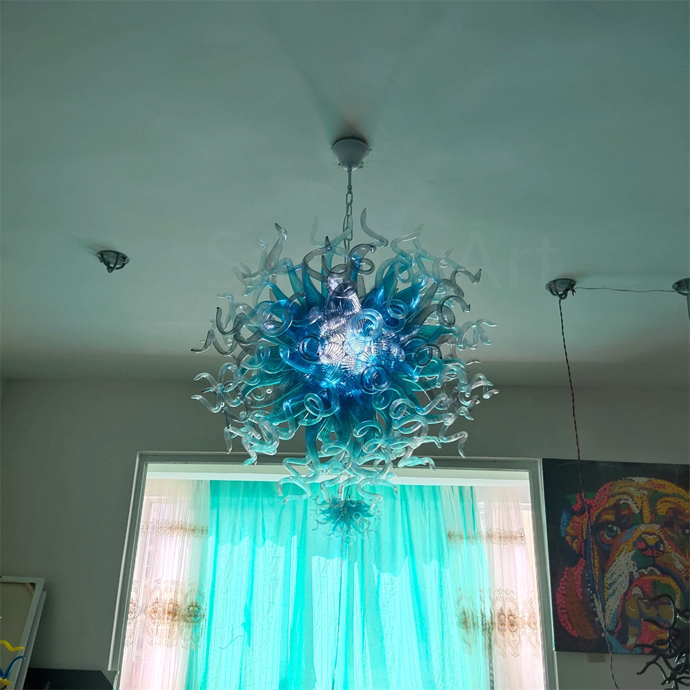 Amazing Blue gradient clear mixed grey color blown glass chandelier custom for sale