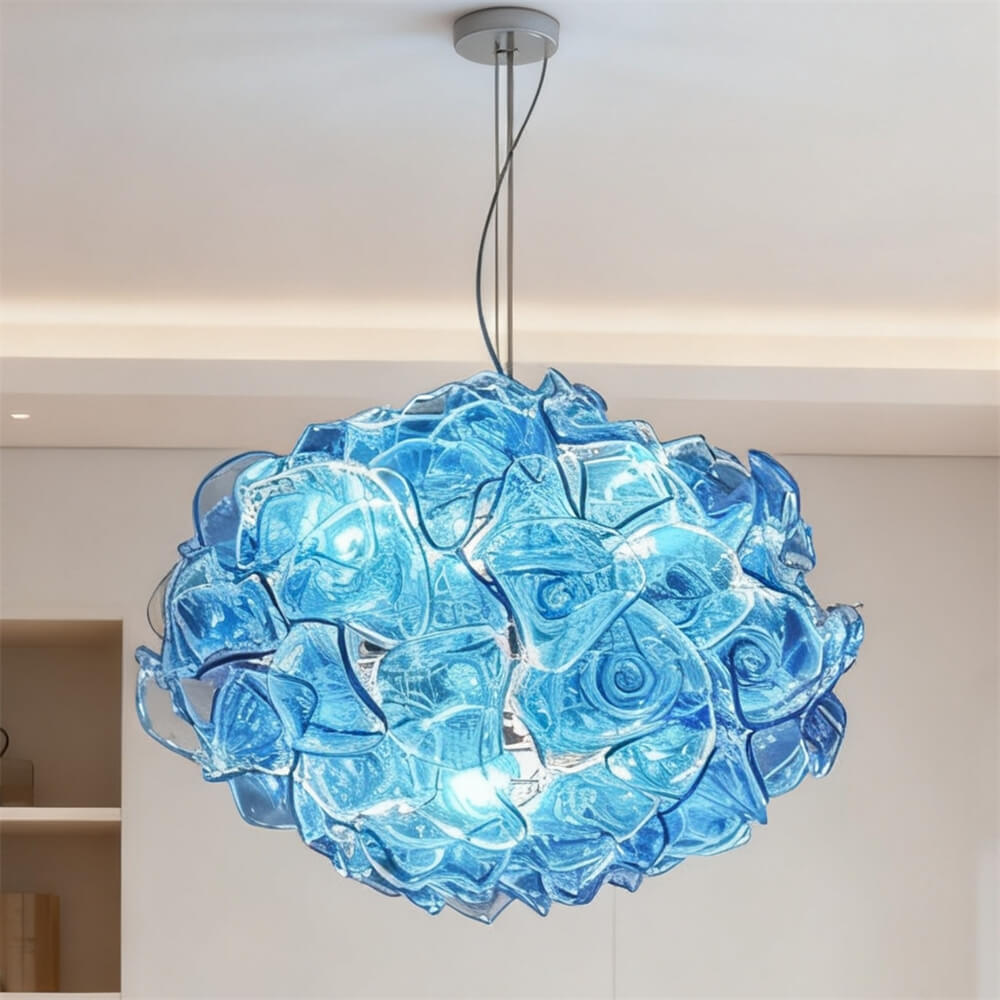 Special design hand made DIY blown glass blue flower chandelier