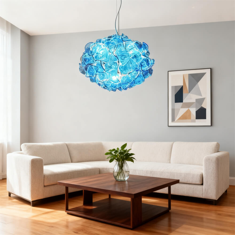 Special design hand made DIY blown glass blue flower chandelier