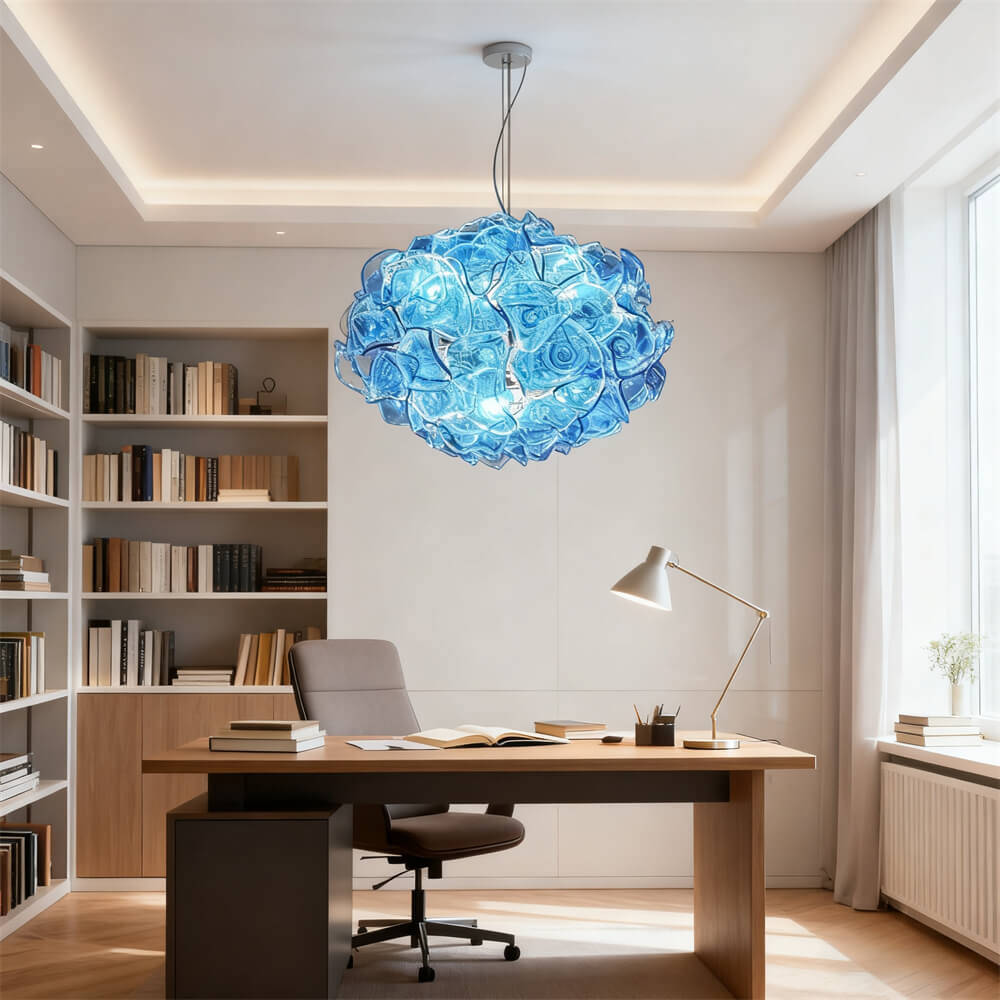 Special design hand made DIY blown glass blue flower chandelier