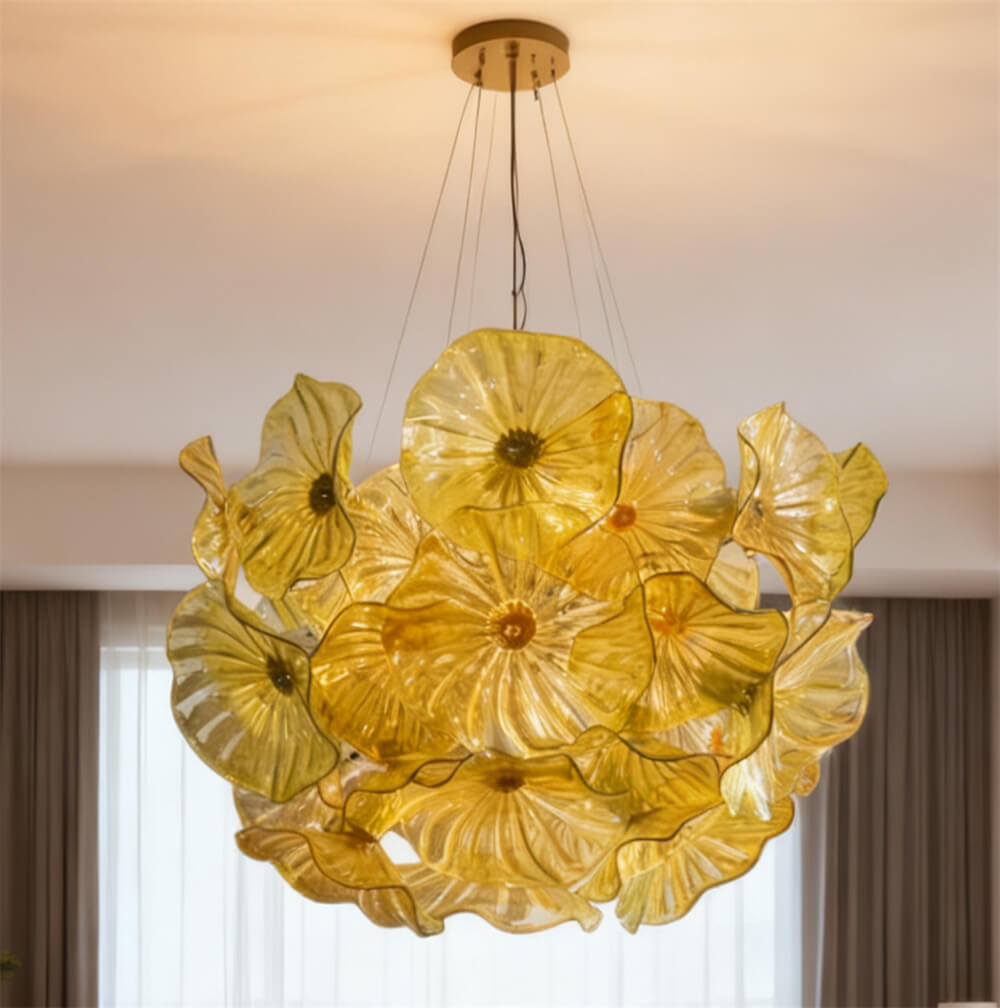Amber color hand made blown glass flower chandelier home decoration