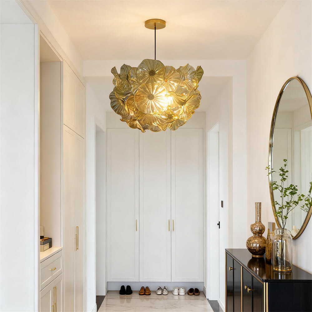 Amber color hand made blown glass flower chandelier home decoration