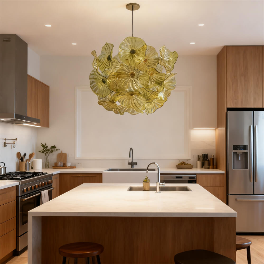 Amber color hand made blown glass flower chandelier home decoration