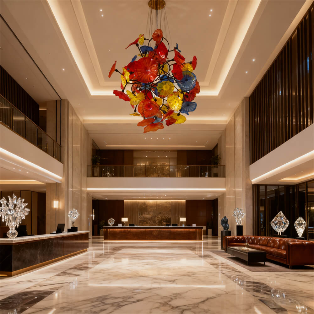 Colorful lotus shape hand made glass leaves chandelier ligthing hotel decoration